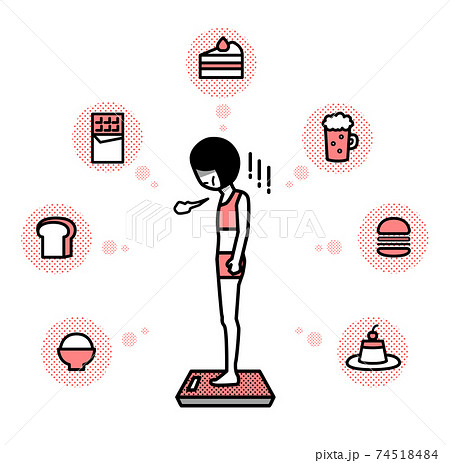 体重計に乗っているダイエット依存症の女性のイラストのイラスト素材