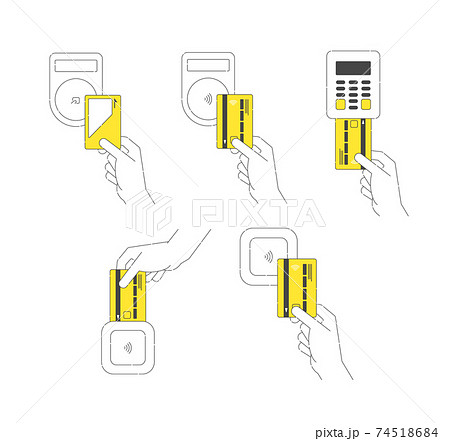 クレジットカードを使ってキャッシュレス決済するイラストのセット。 74518684