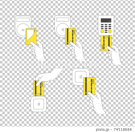クレジットカードを使ってキャッシュレス決済するイラストのセット。 74518684