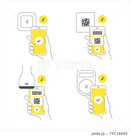 スマートフォンでキャッシュレス決済。電子マネーでタッチ決済するイラストのセット。 74518695