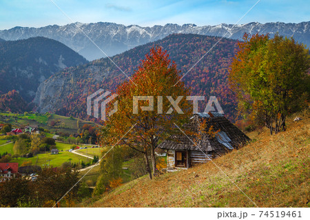 Beautiful autumn landscape with Magura village, Brasov county, Transylvania, Romania Beautiful autumn landscape with Magura village, Brasov county, Transylvania, Romania 74519461