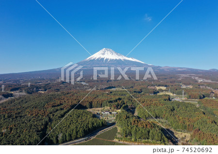冠雪の富士山と茶畑を上空からドローン撮影 74520692