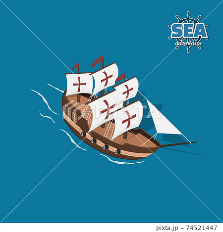 Brown sailer on blue background. Sailboat in isometric style. 3d illustration of ancient ship. Pirate game Brown sailer on blue background. Sailboat in isometric style. 3d illustration of ancient ship. Pirate game 74521447