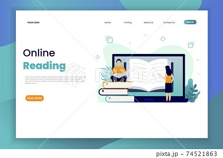 Online reading landing page template with character. Online library illustration.	 74521863