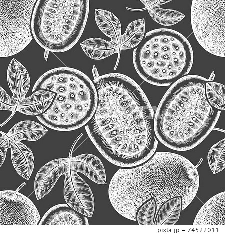 Hand drawn sketch style passion fruit seamless pattern. Organic fresh fruit vector illustration on chalk board. Retro exotic fruit background 74522011