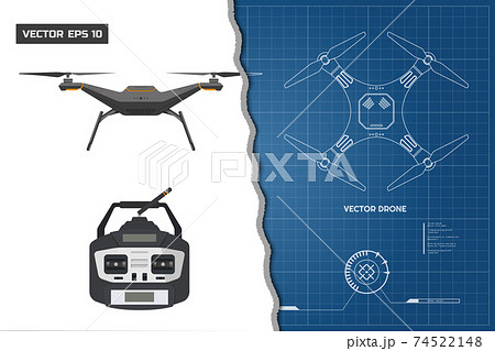 Drawing of drone. Industrial blueprint The control panel. Front, top view Drawing of drone. Industrial blueprint The control panel. Front, top view 74522148