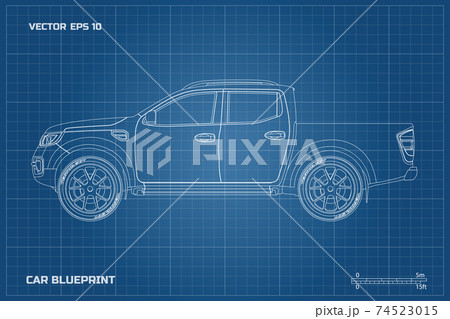 Drawing of the car on a blue background. Side view of pickup. Industrial blueprint of SUV 74523015