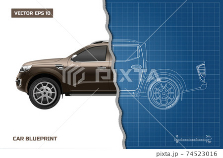 Drawing of the car on a blue background. Side view of pickup. Industrial blueprint of SUV 74523016