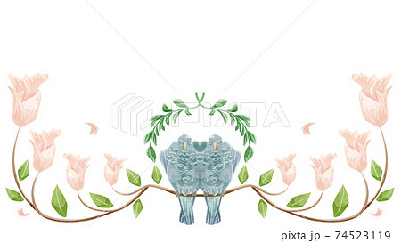 鳩のカップルのお花フレームイラスト 鳩のカップルのお花フレームイラスト 74523119