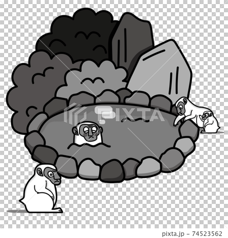 山奥の温泉に集まる猿たち モノクロ 白 黒 グレー モノトーンのイラスト素材