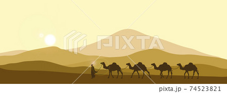 The brown silhouette of the caravan in the desert. Camels in the sands. African landscape. Desert scene 74523821