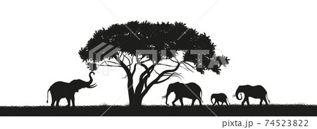 Black silhouette of elephants and trees in the savannah. Animals of Africa. African landscape. Panorama of wild nature 74523822