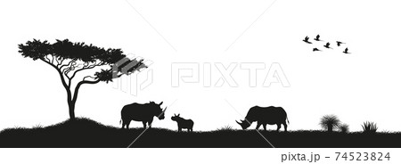 Black silhouette of rhinoceroses and trees in the savannah. Animals of Africa. African landscape. Panorama of wild nature 74523824