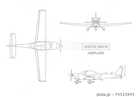 Outline drawing of airplane on white background. Fast sport aircraft. Industrial drawing of plane. Top, front and side view 74523945