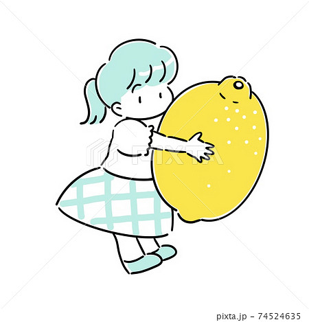 レモンを抱きかかえる小さな女の子のイラストのイラスト素材