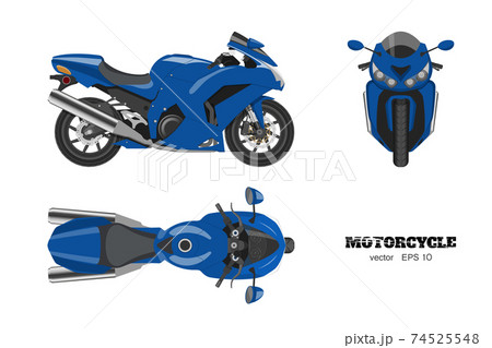 Blue motorcycle in realistic style. Side, top and front view. Drawing of bike on white background Blue motorcycle in realistic style. Side, top and front view. Drawing of bike on white background 74525548