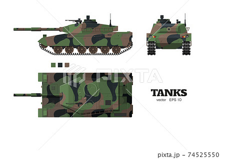 Realistic tank blueprint. Armored car with camouflage on white background. Top, side, front views. Army weapon. War transport 74525550