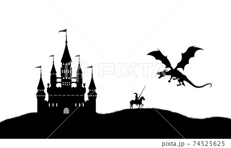 Black silhouette of dragon and knight on white background. Landscape with castle. Fantasy battle 74525625