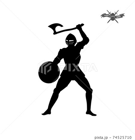 Black silhouette of knight with axe on white background. Isolated icon of medieval soldier 74525710