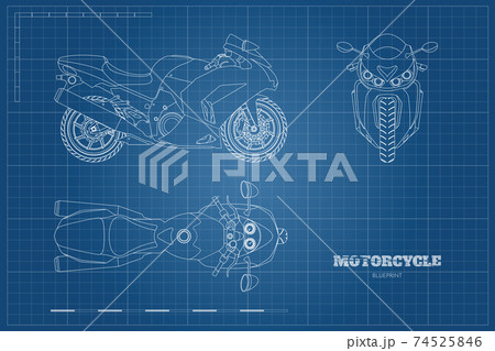 Outline drawing of motorcycle. Side, top and front view. Detailed blueprint of motorbike on blue background Outline drawing of motorcycle. Side, top and front view. Detailed blueprint of motorbike on blue background 74525846