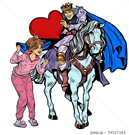 Valentines Day. A prince in love on a white horse galloped to a beautiful woman Valentines Day. A prince in love on a white horse galloped to a beautiful woman 74527163