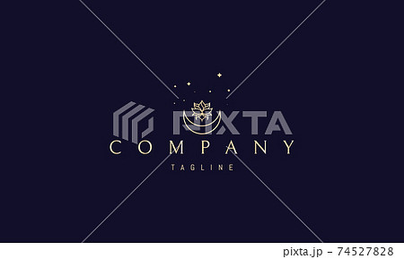 Vector golden logo in which an abstract image of a lotus flower and the moon on a background of stars. Vector golden logo in which an abstract image of a lotus flower and the moon on a background of stars. 74527828