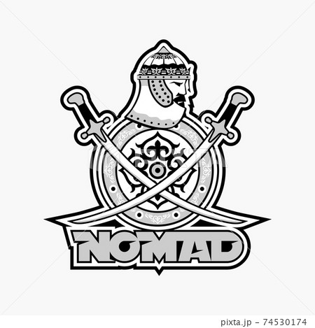 Central Asian warrior nomads, Isolated vector illustration in flat cartoon style logo . Kazakhstan. Central Asian warrior nomads, Isolated vector illustration in flat cartoon style logo . Kazakhstan. 74530174
