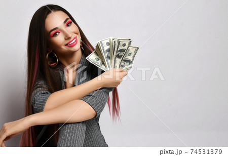 Young smiling business woman with pink long hair Young smiling business woman with pink long hair 74531379