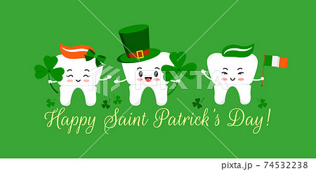 St Patrick day tooth in leprechaun hat with clover and irish flag. 74532238