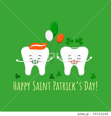 St Patrick day tooth with braces on dentist greeting card. 74532240