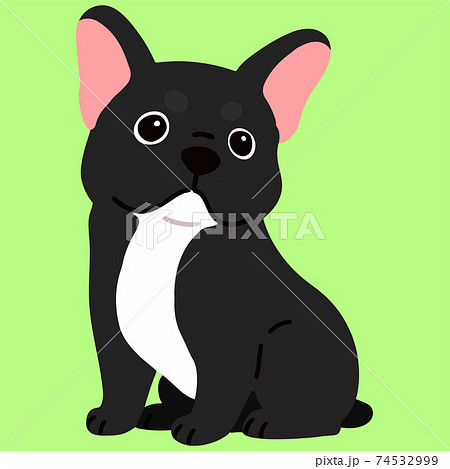 お座りするシンプルで可愛いブリンドル（黒色）のフレンチブルドッグのイラスト　主線なし 74532999