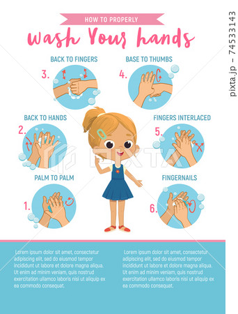 How to wash your hands Six Step Poster Infographic illustration for children. Poster with the cute Blond girl shows how to wash hands properly. Hygiene Poster for kids with the plays for your text 74533143