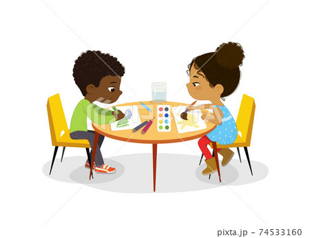African American Boy and Girl sit at the round table and draw picture with watercolor and pencils. Drawing activity in the art class. Boy and Girl Draw Pictures with paints and pencils. Poster with 74533160