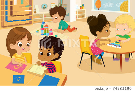 Montessori School Class. Vector illustrations of children in the playroom, boys and girls involved in Montessori activities and make Fun. Montessori environment concept. Vector illustration for poster 74533190