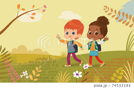 Illustration of the boy and girl with the backpack walk at Park. Two friends talk to each other, go back to school through Autumn park. Preschool kids go to school. Montessori Children. 74533193