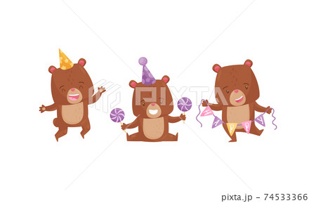 Funny Brown Bear Wearing Birthday Hat Holding Garland and Candy Vector Set 74533366