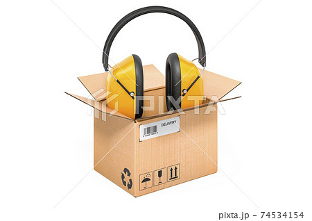 Ear defenders inside cardboard box, delivery concept. 3D rendering Ear defenders inside cardboard box, delivery concept. 3D rendering 74534154