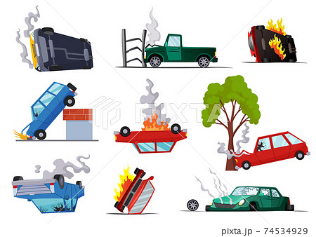 Accidents on road cars damaged. Road accident icons set with car crash symbols flat isolated. Damaged vehicle insurance. Damaged autos. Need repair service or not recoverable Accidents on road cars damaged. Road accident icons set with car crash symbols flat isolated. Damaged vehicle insurance. Damaged autos. Need repair service or not recoverable 74534929