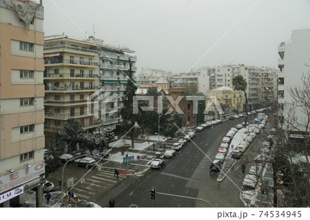 Thessaloniki, Greece Medea front hits with heavy snowfall the city center. 74534945