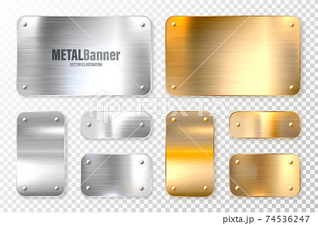 Realistic shiny metal banners set. Brushed steel and copper plate. Polished silver metal surface Realistic shiny metal banners set. Brushed steel and copper plate. Polished silver metal surface 74536247