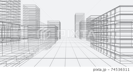architecture wire mesh model draft buildings city scape with black lines on white background 3d render illustration 74536311