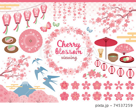 春 桜のお花見と茶会のイラストセットのイラスト素材