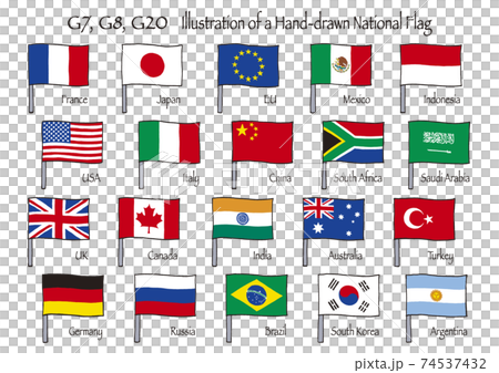 Hand-drawn illustrations of G20, G8, G7 flags fluttering in the wind with sticks Hand-drawn illustrations of G20, G8, G7 flags fluttering in the wind with sticks 74537432