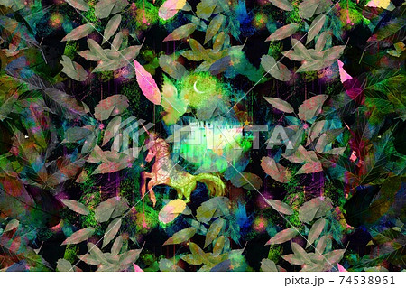 北欧の神秘的な森の中を戯れる鳩とユニコーンと空から降る星のイラストのイラスト素材