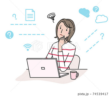 パソコンの前で悩む若い女性(テレワーク) パソコンの前で悩む若い女性(テレワーク) 74539417