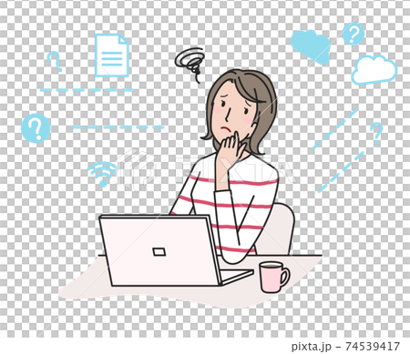 パソコンの前で悩む若い女性(テレワーク) パソコンの前で悩む若い女性(テレワーク) 74539417