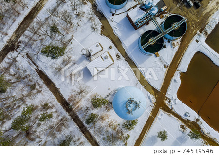 View of sewage treatment plant in winter season with ecological environmental pollution View of sewage treatment plant in winter season with ecological environmental pollution 74539546