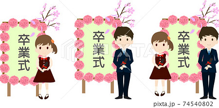 桜舞う卒業式のイラストセットのイラスト素材