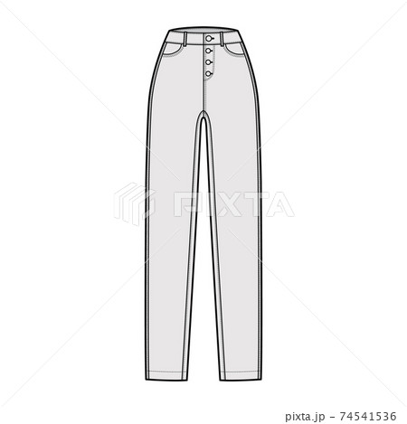 Jeans botton fly tapered Denim pants technical fashion illustration with full length, waist, high rise, 5 pockets, Rivet 74541536