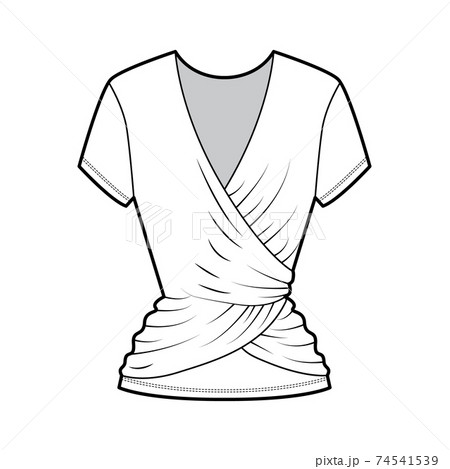Ballet wrap top technical fashion illustration with short sleeves, fitted body, stretch cotton. Flat apparel shirt Ballet wrap top technical fashion illustration with short sleeves, fitted body, stretch cotton. Flat apparel shirt 74541539